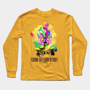 Techno cat from Detroit - My parties start on Sundays - Catsondrugs.com - rave, edm, festival, techno, trippy, music, 90s rave, psychedelic, party, trance, rave music, rave krispies, rave flyer Long Sleeve T-Shirt